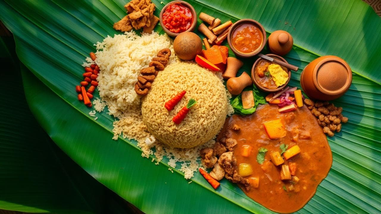 Traditional Sri Lankan rice and curry feast on banana leaf