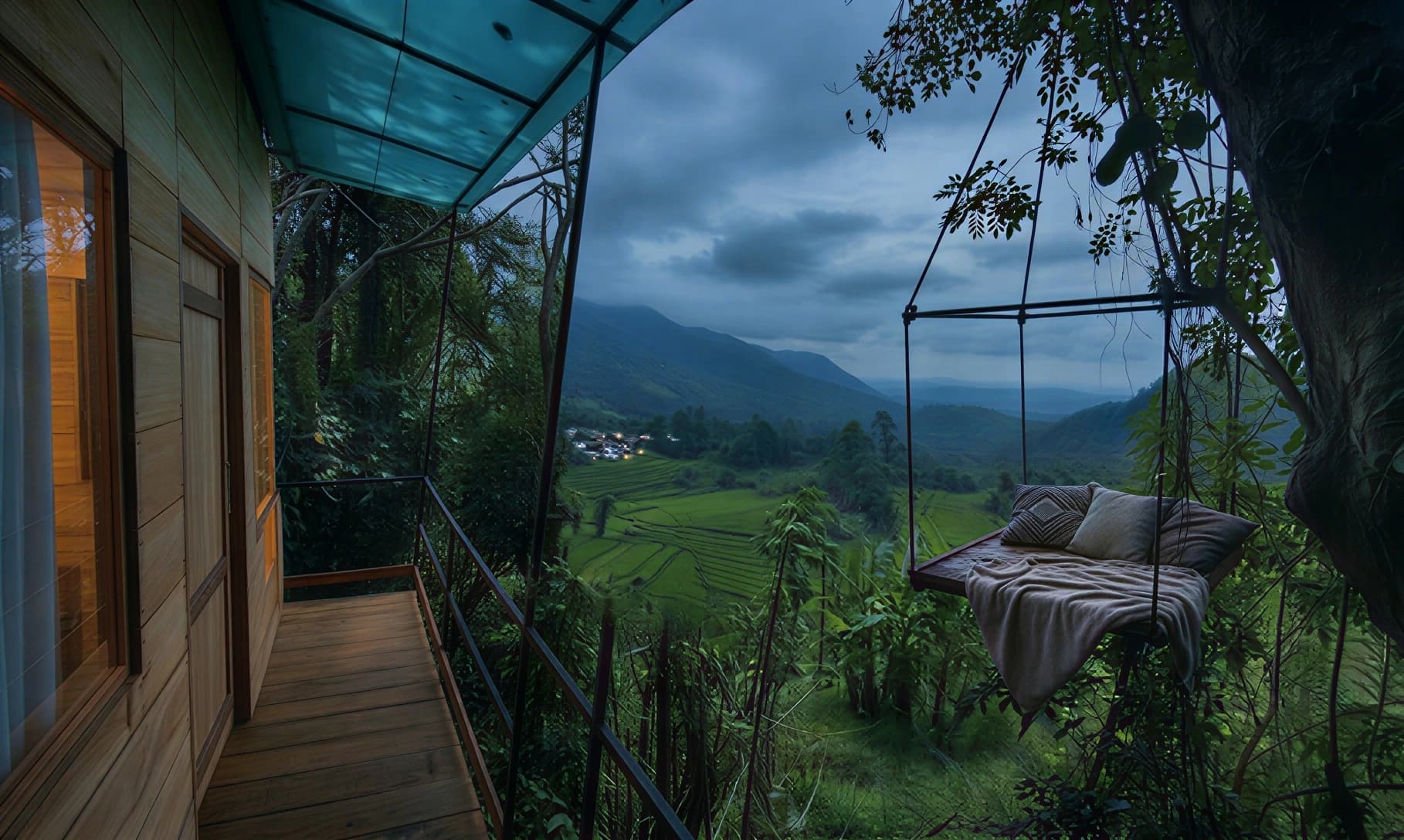 Boutique Sri Lankan Village Nest nestled in tropical jungle at sunset